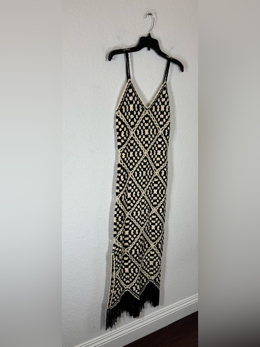 Elan Crochet Maxi Cover Up Dress Size Small Black Off White Cream Fringe NWT - Picture 7 of 15